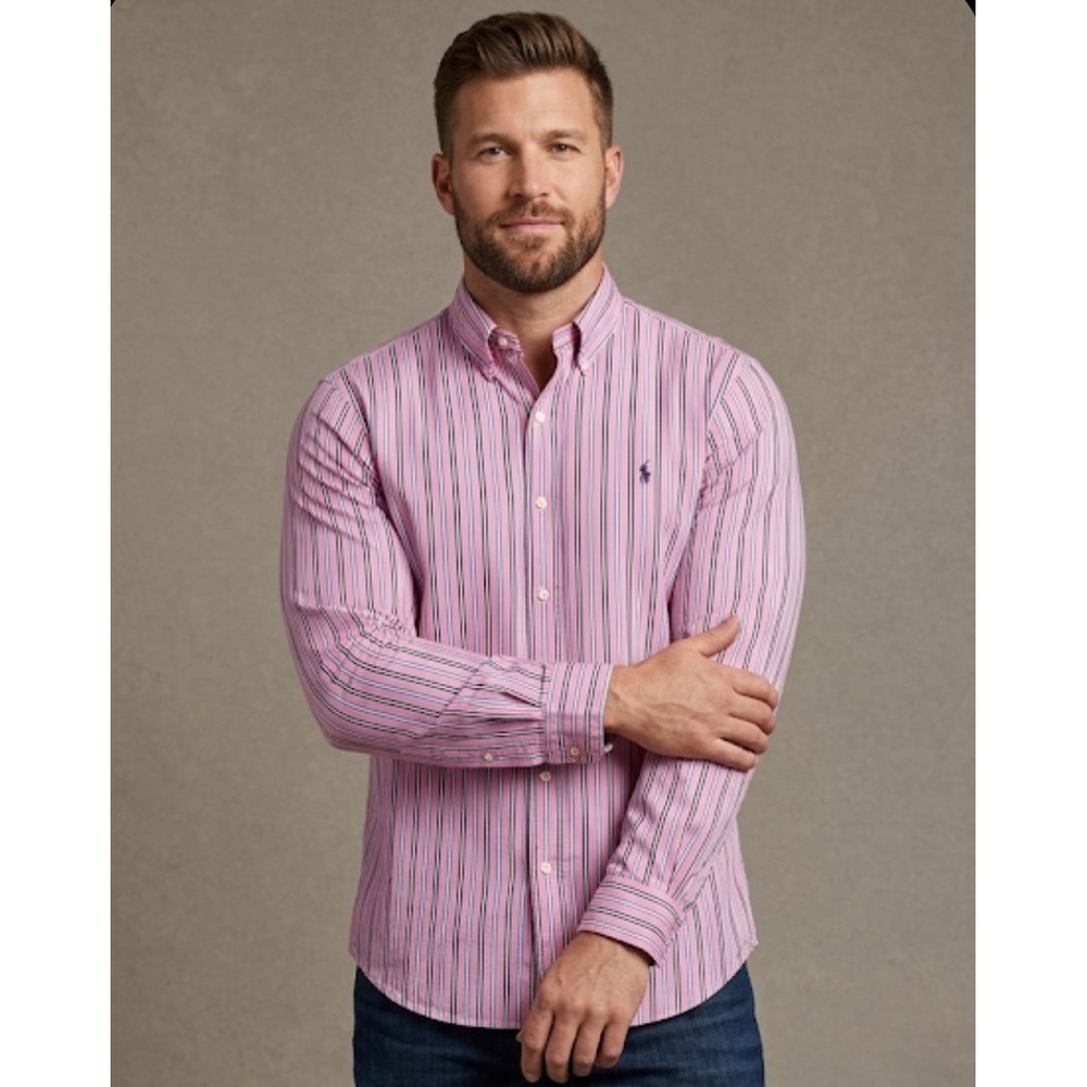 Polo Ralph Lauren Pink Black Stripe Purple Pony Custom Fit L Business Casual 121